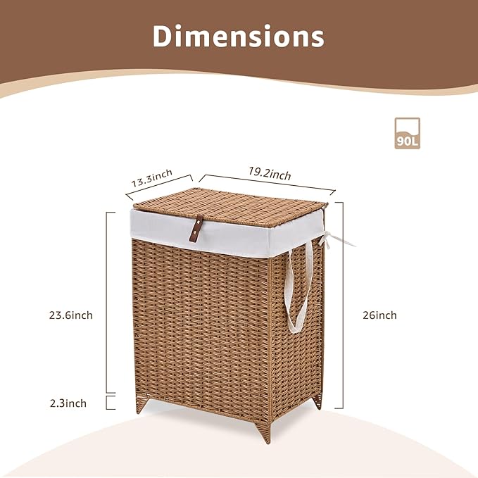 Laundry Hamper with Lid and Removable Liner Bag, Handwoven Rattan Clothes Hamper with Heightened Feet, Wicker Laundry Basket for Clothes and Towels，Middle