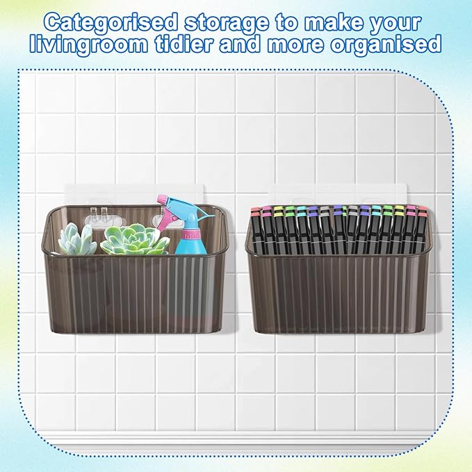 6Pcs Storage Organizer Bins Wall Mounted Organizer Basket Large Size Clear Plastic Makeup Organizer Adhesive Hanging Bin for Bathroom Kitchen Pantry（Grey）