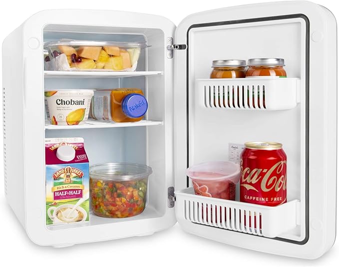 Cooluli 15L Mini Fridge for Bedroom - Car, Office Desk & College Dorm Room - 12v Portable Cooler & Warmer for Food, Drinks, Skincare, Beauty & Makeup - AC/DC Small Refrigerator with Glass Front, Gold