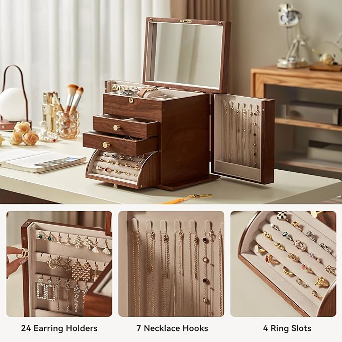 Black Walnut Wooden Jewelry Box, Wood Jewelry Organizer with 2 Side Doors Mirror Lockable Classical for Watch Necklace Ring Earring Storage Christmas Gifts-4 Layer with Curved Ring Grooves