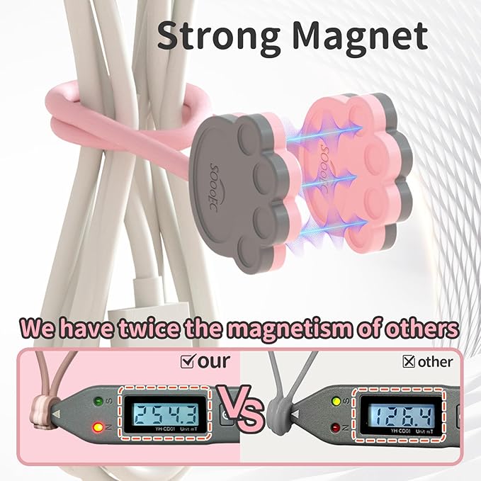 SOOOEC Magnetic Cable Ties, 32 Pack 7.2" Magnetic Cord Organizer Cute Cat's Paw Design, Silicone Twist Ties with Strong Magnet for Bundling and Cable Management, Fridge Magnets.