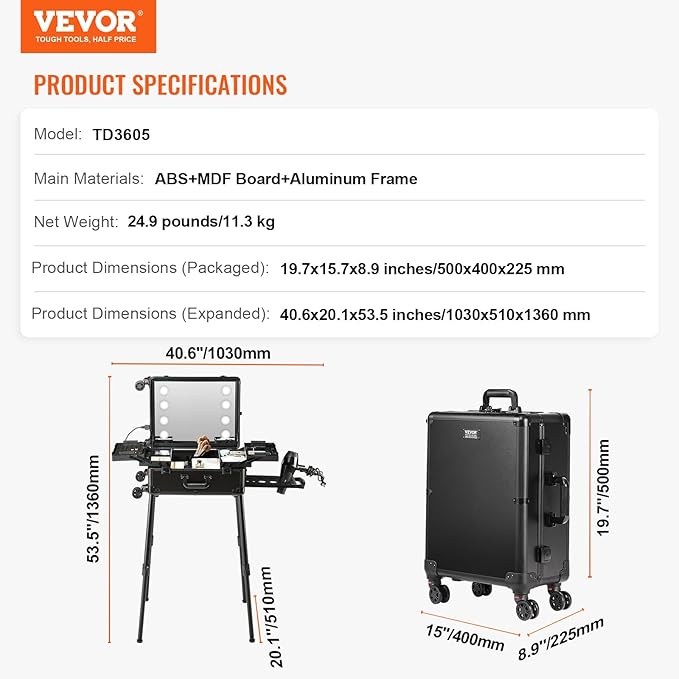 VEVOR Makeup Train Case Professional Makeup Storage Organizer Box Make Up Carrier for Women and Girls