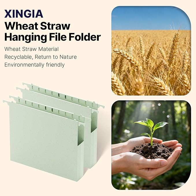 Wheat Straw Plastic Hanging File Folder Letter Size,Heavy Duty 1 Inch Expansion,12 Pack Extra Capacity Hang Folders for Filing Cabinet,Reinforced File Pockets Folder with Tabs(Morandi Green)