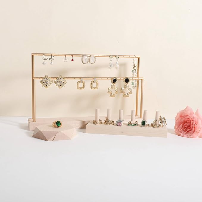 GemeShou wooden earring holder organizer for girls, maple stud earring display stand for boutique store, jewelry storage organizer shelf【maple stand-Two Tiers】