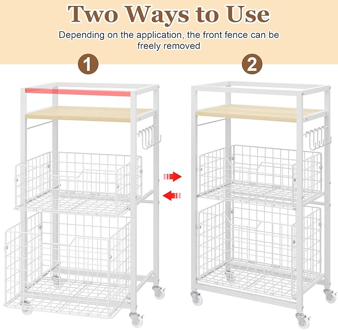 3 Tier Laundry Room Cart with Pull-Out Baskets, Utility Cart Rolling Storage Cart with Wheels Bathroom Organizers Storage Shelf with Wood Top Laundry Room Organization and Storage, White