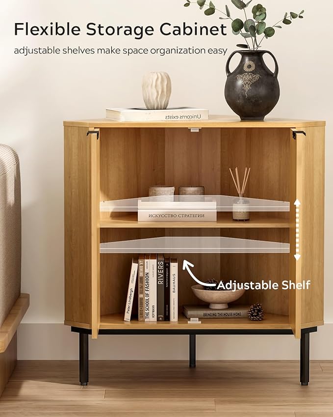 Fluted Corner Cabinet, Modern Small Corner Floor Cabinet with 2 Doors and 2-Tier Shelves, Freestanding Narrow Organizer for Living Room Kitchen Bathroom, Natural Oak