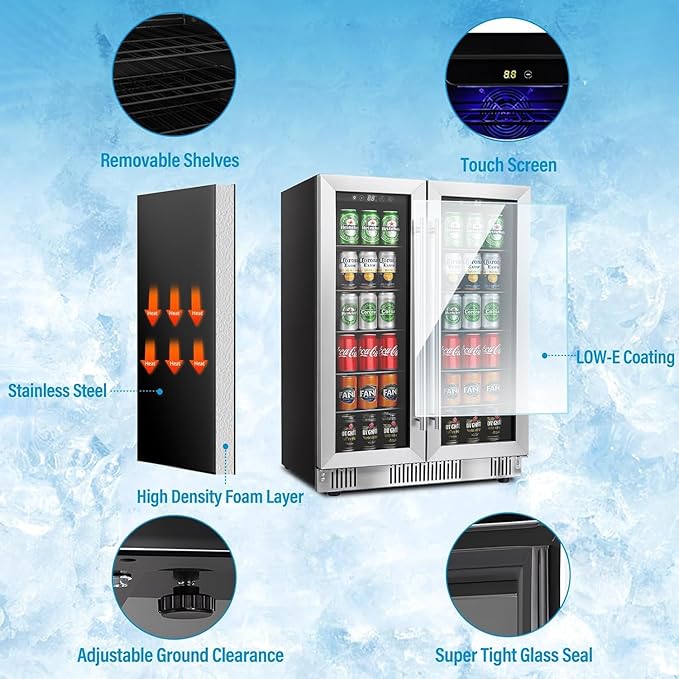 Wine and Beverage Refrigerator, Dual Zone Beverage Cooler Under Counter with Glass Door&LED Light, 42 Bottles and 176 Cans Large Capacity for Beer Soda Drink, Built-In or Freestanding Fridge