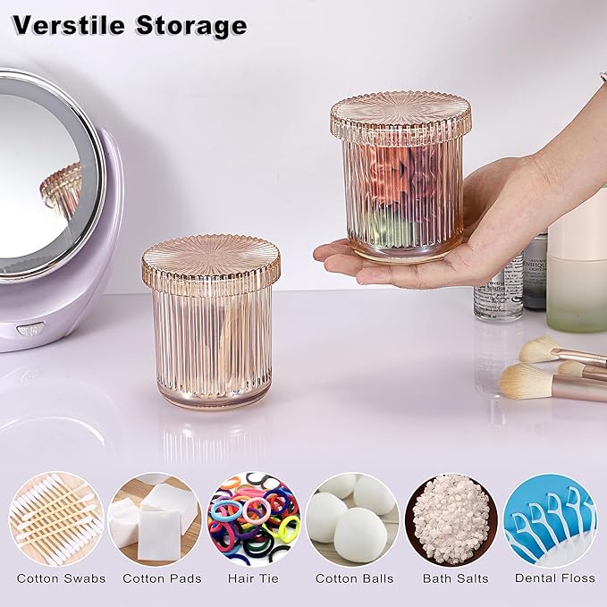 2 Pack Glass Qtip Holder with Lid, Qtip Dispenser Bathroom Storage Jars- Glass Apothecary Jars for Cotton Ball, Swab, Pads, Floss Picks, Bathroom Accessories Organization and Vanity Organizer (Amber)