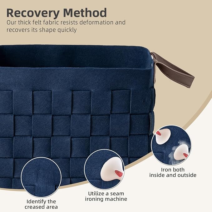 boldmonkey Storage Basket 3 Pack, 13" x13" x13 Large Blanket Baskets with Leather Handle, Cube Felt Fabric Storage Box for Shelves, Bedroom, Nursery, Living Room -Navy blue