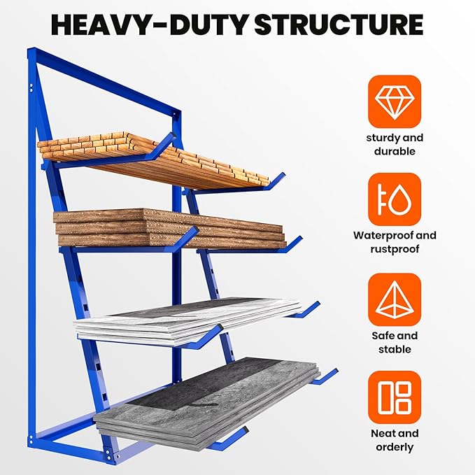 48x16x62'' Heavy Duty 4 Tiers Horizontal Lumber Storage Rack, 2400lbs Load Alloy Steel Lumber Pipe Organizer Shelf, Adjustable Bar Storage Cantilever Rack for Garage Workshop, Woodworking Shop