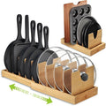 Pots and Pans Organizer under Cabinet - Bamboo Expandable Pot Lid Organizer, Adjustable Bakeware and Cutting Board Organizers, Pot Lid Holder Rack for Kitchen Organizers and Storage