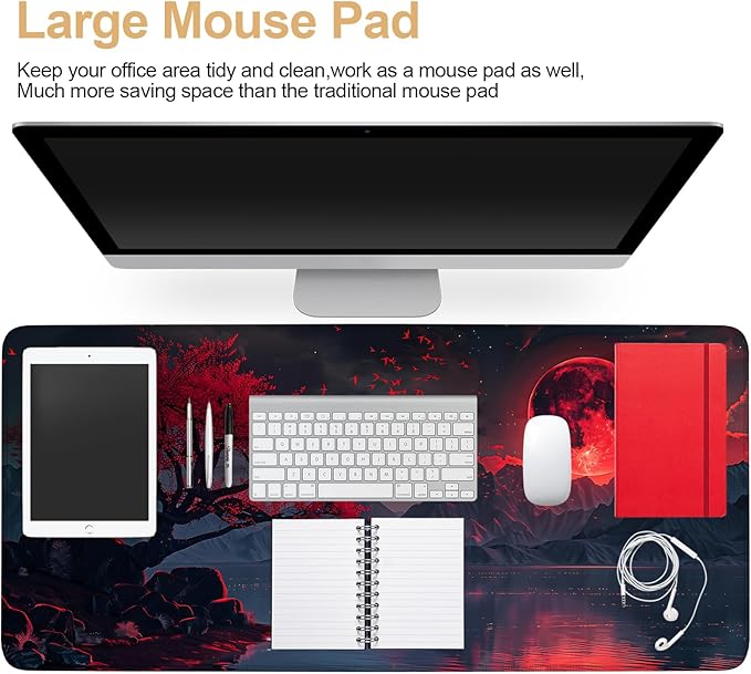 Large Mouse Pad, Red Moon Landscape Desk Mat, Extended Gaming Mouse Pad with Non-Slip Rubber Base, Thick 3mm Smooth Surface Keyboard Mat for Office & Home,35.5 x 15.8 in