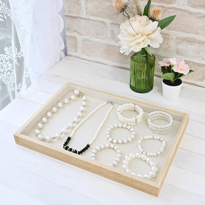 MOOCA 2 Pcs Bamboo Jewelry Display Tray, Presentation Tray, Organizer for Rings, Necklaces, Earrings, and Accessories, Beige Color, 14" W x 9.6" D x 1.2" H