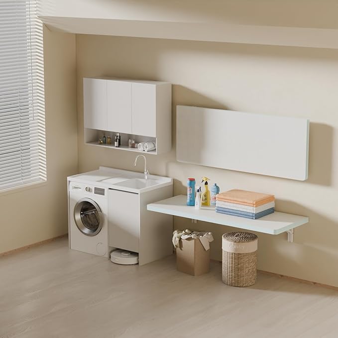 IAE Wall Mounted Folding Table with Pine Wood,36" x 14" Floating Wall Desk,Laundry Folding Table with Shelf Brackets,Fold Down Desk Shelf,Folding Workbench for Home,Dining,Laundry Room,Kitchen,White
