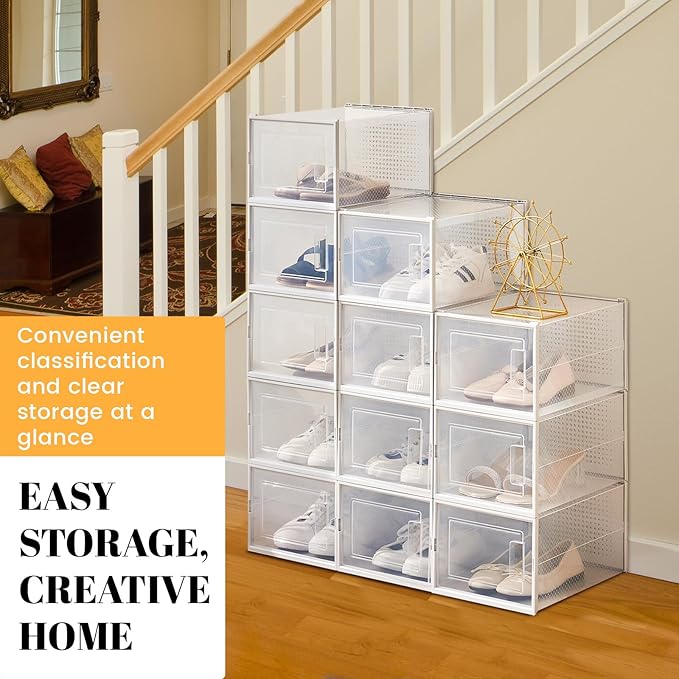 Shoe Boxes, Stack Without Toppling Modular storage boxes combine freely for use in closets, under beds, hallways, and entryways. Space-saving. (Transparent, 12 Pack)