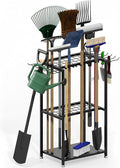 Garden Tool Organizer, 3-Tier Metal Yard Tool Rack with 14 Hooks & 5 Slots, Holds 50+ Rakes/Shovels/Brooms, Heavy Duty Freestanding Lawn Tool Storage for Garage Shed Outdoor Organization