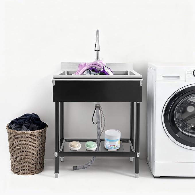 Stainless Steel Utility Sink, Free Standing Single Bowl Kitchen Sink with Pull-Out Cold/Hot Faucet, Storage Shelf & Splashback, Large Utility Sinks for Kitchen, Laundry, Garage 30.7"D x 22"W x 40.3"H