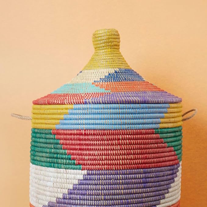 Large Decorative Colorful Wicker Basket, Home Storage and Organization, Laundry, Blankets, Toys, Clothes, Hamper, Bin, Sturdy, Round, Hand Woven, 23" Tall, 18" Wide