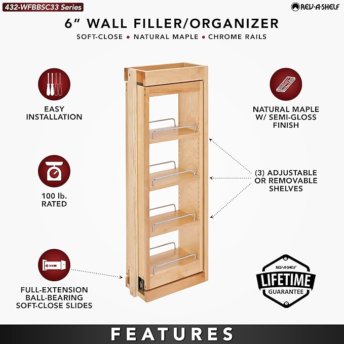 Rev-A-Shelf Kitchen Cabinet Pullout Wall Filler Wooden Organizer Slide Out Pantry Storage w/Soft-Close in Multiple Sizes, 6 x 33 in, 432-WFBBSC33-6C
