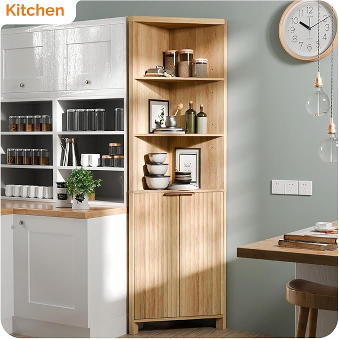 VINGLI 68" Tall Corner Cabinet with Fluted Doors,Corner Bathroom Storage Cabinet Pantry Hutch Display Shelves Adjustable for Kitchen, Living Room Modern Space Saver Shelf Bathroom Furniture,Oak