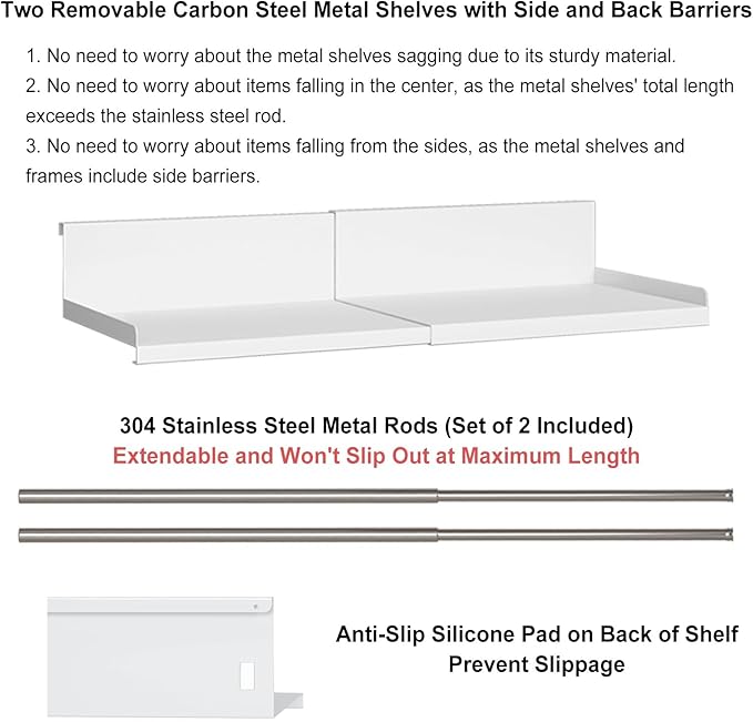Expandable Under Cabinet Shelf Organizer with 0.94-Inch Thick Clips, Heavy Duty Extendable Under Shelf Storage Basket for Pantry or Laundry Room, White, 1 Pack, Interior: 4.13" H x 7.2" D