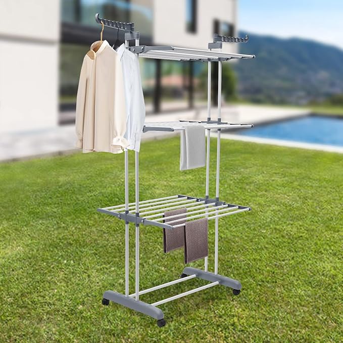 Drying Rack, 29.92*19.69*67.72inch 4 Tier Folding Clothes Drying Rack Rolling Laundry Garment Dryer Stand Multifunctional Stainless Steel Dryings Racks with Wheels for Bedrooms Lofts Balconies Patios