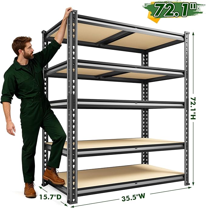 Garage Shelves, 72.1" H Garage Storage Shelves, 5 Tier Adjustable Shelving Units for Storage, Basement, Warehouse, Pantry, Kitchen, 35.5" W x 15.7" D x 72.1" H, Black, 2 Pack