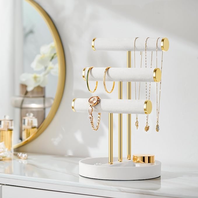 Bracelet Holder Jewelry Organizer Display - 3 Tier T Bar Velvet Stand, White Necklace Holder Organizer, Bracelet Holder, Earring Holder and Ring Display for Jewelry Organizers and Storage
