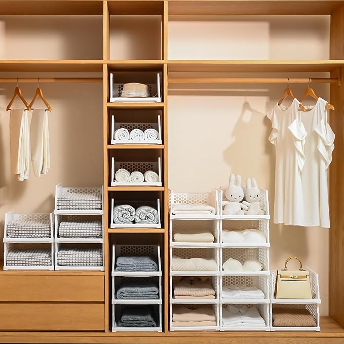 Pull-out Plastic Storage Basket,Stackable Closet Organizers Drawer Anti-Tipping, Reinforced Stable Shelf Container for Bathroom Laundry Room Storage, Space-Saving Clothes Storage (White, 4L)