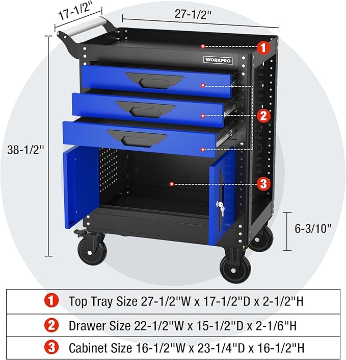 WORKPRO 27.5 Inch 3-Drawer Rolling Tool Chest with Wheels, Portable Steel Tool Cabinets with Drawers, Liners and Locking System for Warehouse, Garage, Black and Blue
