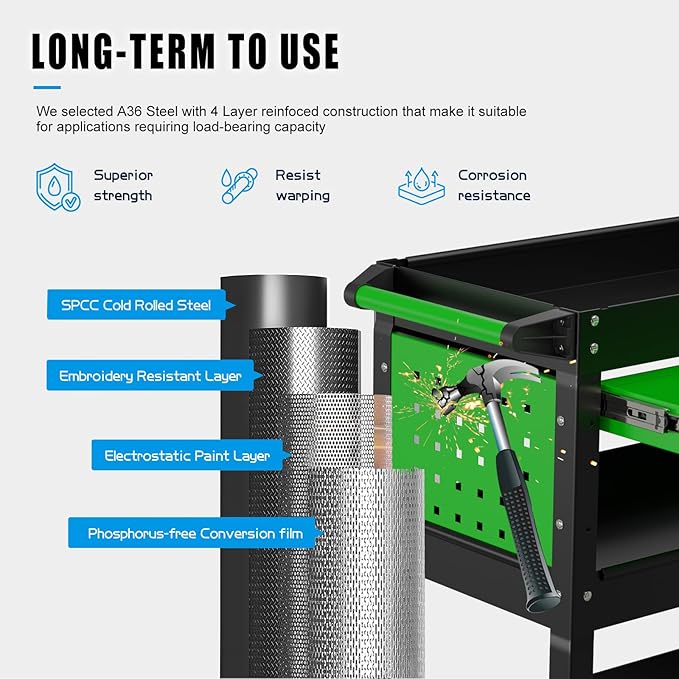 Heavy Duty 3 Tier Tool Cart, Mechanic Metal Rolling Tool Cart with Storage Drawers for Garage Workshop
