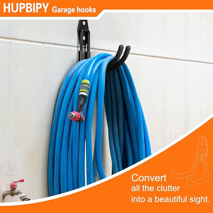 Heavy Duty Garage Hooks 4 Pack, J Shaped Hanger, Wall Mounted Storage System, Power and Garden Tool Organizer, for Hanging Ladders, Bikes Tires, Hose, Bulk Items