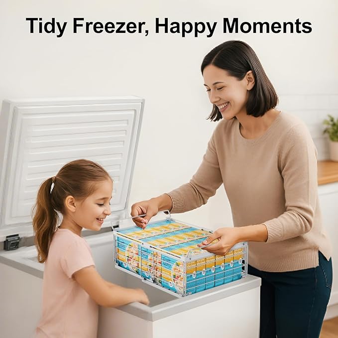 iSPECLE Freezer Organizer Bins - Fit 10 to 20 Cu.FT Deep Freezer, 4 Pack Large Expandable Stackable Chest Freezer Organizer Sort Frozen Food and Easily Get with Handle, Improve Air Circulation, White