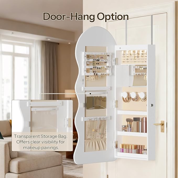 HOOBRO LED Mirror Jewelry Cabinet, Wall/Door Mounted Jewelry Organizer, Jewelry Aromire with Wavy Mirror Full Length, Lockable Cosmetics Storage Cabinet, Interior Mirror, 16.5" x 4.1" x 43.3", White