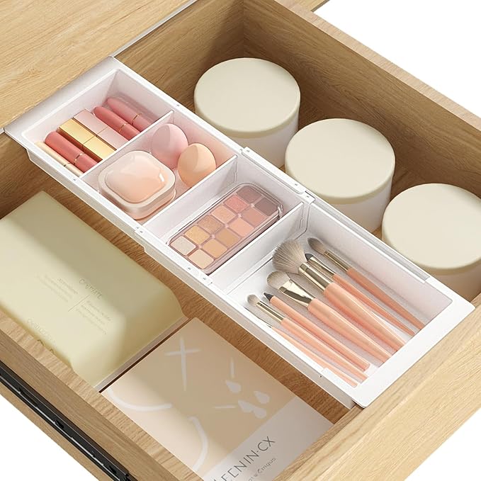Lifewit Sliding Makeup Drawer Organizer Trays with Inserts, Extendable Hanging Desk Drawer Divider, Fits 13-20" Deep Drawers, 1.8" High Plastic Organizer Tray for Vanity, Office, Kitchen, White