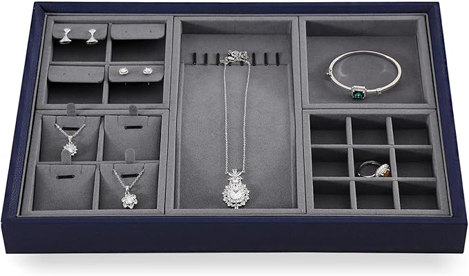Dark Blue Jewelry Display Tray Ring Necklace Earring Bangle Organizer Multifunctional Storage Case for Jewelry Showcase (Long Necklace Tray)