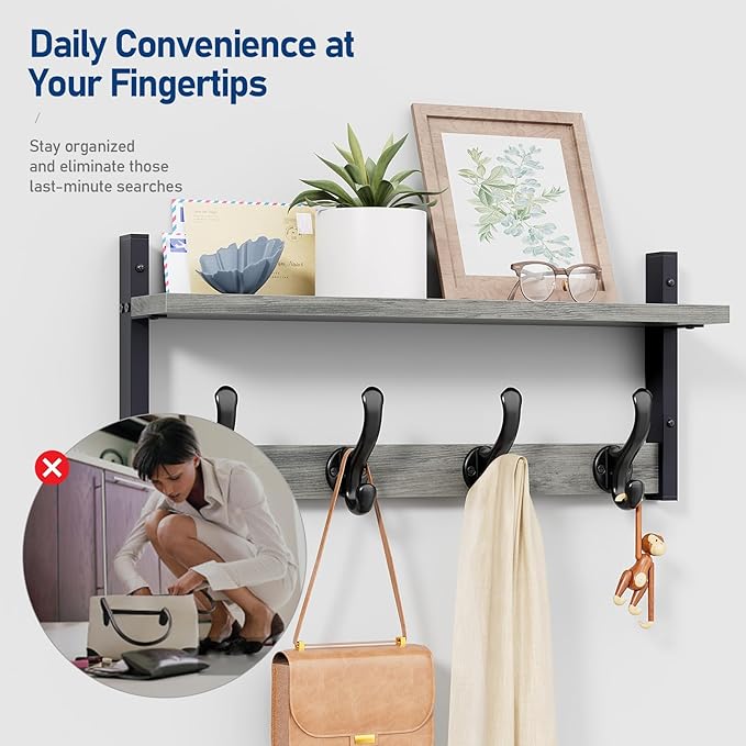 Tatub 20" Rustic Coat Rack Wall Mount with Shelf, Wall Hooks with Shelf, Heavy Duty Entryway Organizer Hangers for Hanging, Hat, Bag, Jacket for Bathroom, Living Room, Bedroom, Gray