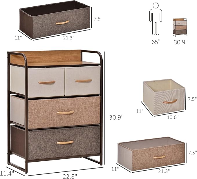 HOMCOM 4-Drawer Dresser, Fabric Chest of Drawers, 3-Tier Storage Tower with Steel Frame and Wooden Top for Bedroom, Nursery Room, Multicoloured
