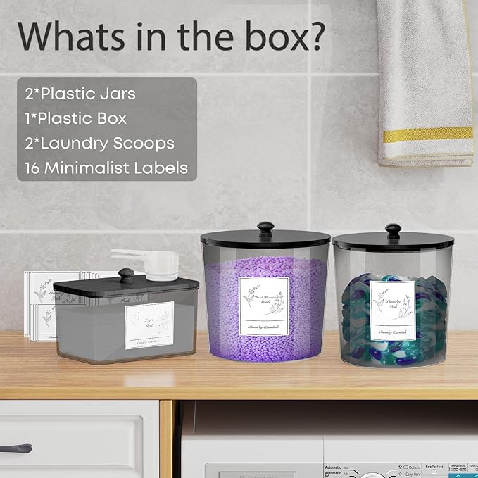 3 Pack Laundry Powder Container & Dryer Sheet Holder, Plastic Laundry Room Organization and Storage Jars with Lids, Labels & Scoops for Powder, Detergent, Scent Booster (Black)
