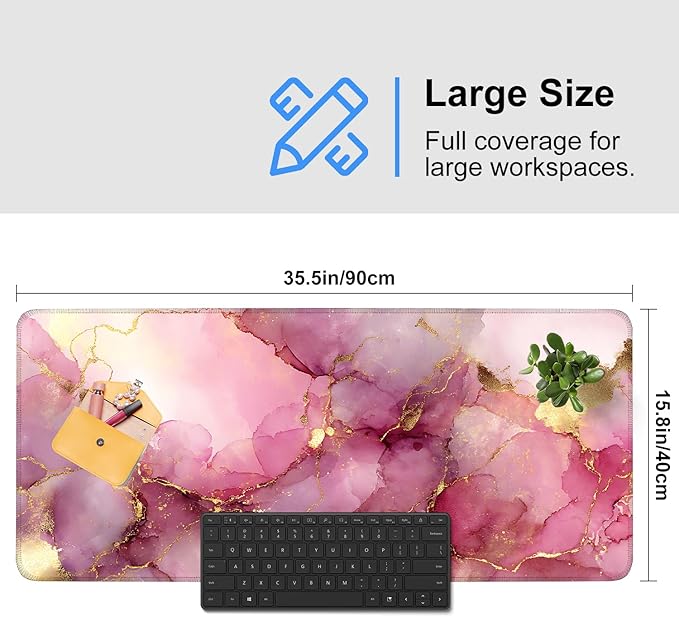 Pink Marble Ink Mouse Pad – Large Extended Desk Mat 35.43 x 15.75 in – Elegant Watercolor Gold Foil Design, Waterproof Surface, Non-Slip Rubber Base, Keyboard & Mouse Pad for Office or Gaming
