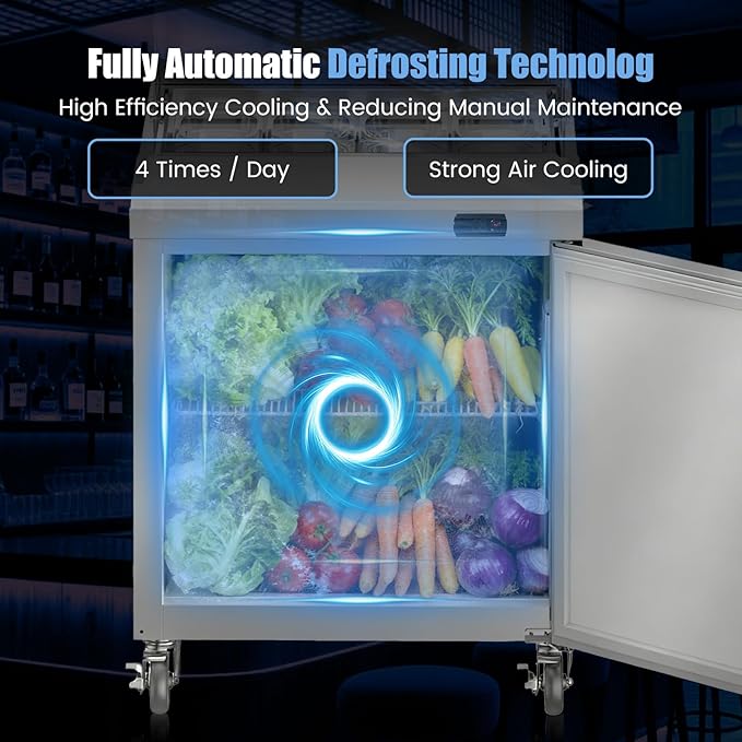 29" W Commercial Refrigerator Sandwich Salad Prep Table, Stainless Steel 1-Door Sandwich Prep Table Refrigerator, Counter Fan Cooling Refrigerator with 12 Pans for Restaurant, Bar