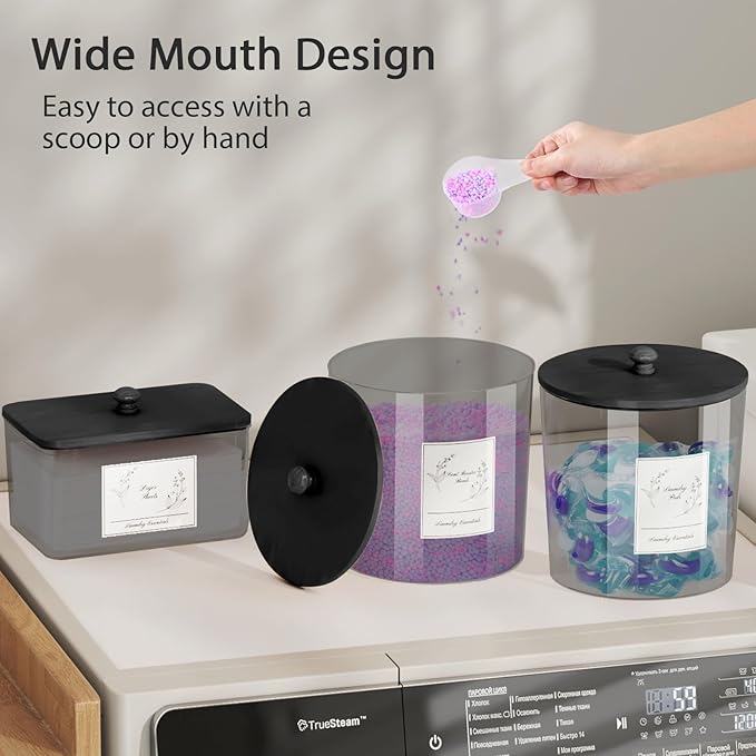 3 Pack Laundry Powder Container & Dryer Sheet Holder, Plastic Laundry Room Organization and Storage Jars with Lids, Labels & Scoops for Powder, Detergent, Scent Booster (Black)