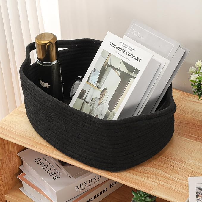 Small Woven Cotton Rope Basket Cute Baby Gift Baskets Empty 13.7"x10"x5" Decorative Storage for Organizing Shelves Closet Baby Nursery Basket Bin Toy Storage tote Organizer Black
