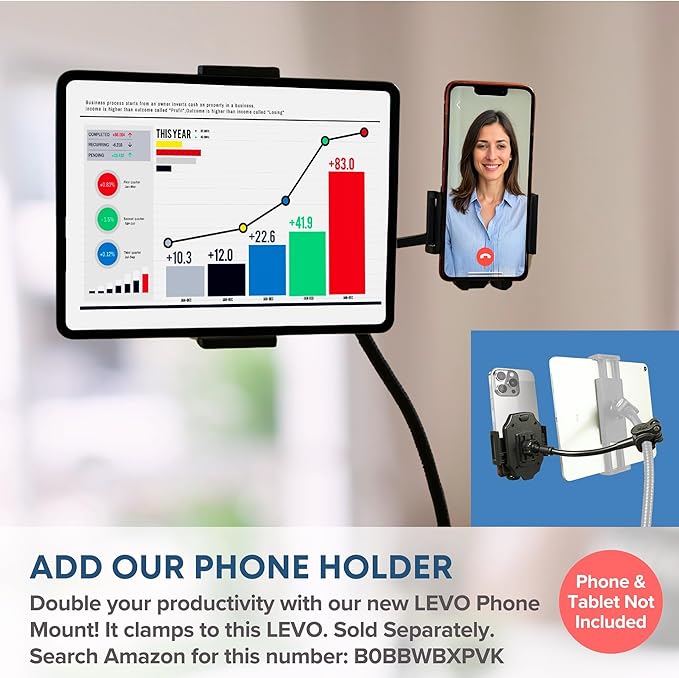 LEVO Adjustable Height Floor Stand on Wheels for Tablet & Phone - Gooseneck Holder Mount with Stable Base - Compatible with All Cell Phones & Tablets (4-13 inch) - Black with Casters