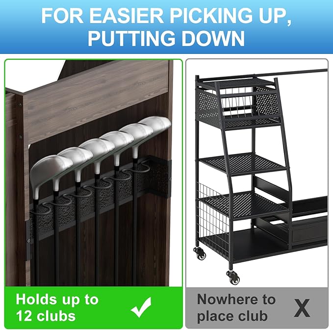 Golf Bag Storage Organizer for Garage, Premium Wooden 2 Golf Bags Rack with Drawer, Easy Assemble Golf Club Stand/Holder Suitable for Garage Home Simulator and Office