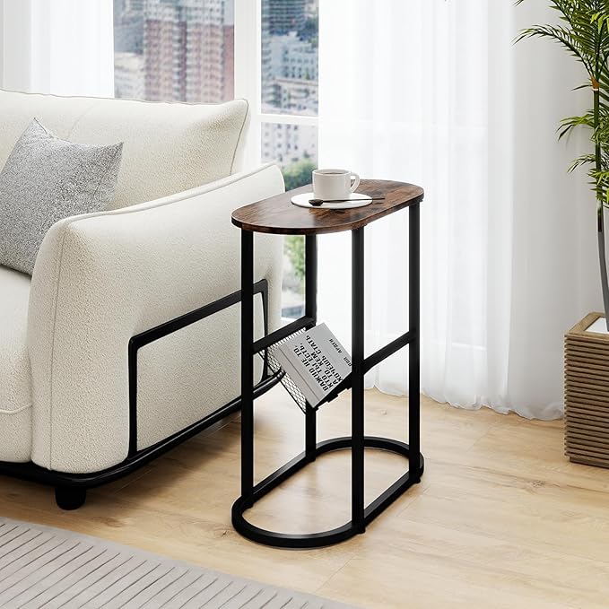 Tangkula Oval Narrow Side Table, 2-Tier End Table w/Mesh Magazine Rack, Steel Frame, Industrial Nightstand, Compact Sofa Bedside Table for Living Room Bedroom, Rustic Brown & Black