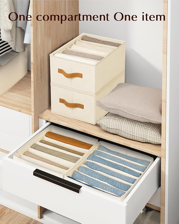 Clothes Organizers and Storage - 4/5/7 Grids Fabric Jeans Organizer with Handles, Foldable Closet Organizers Dividers, Wardrobe organizer for Pant, Sweater, T-shirt, Scarf, 3 Pack, Beige