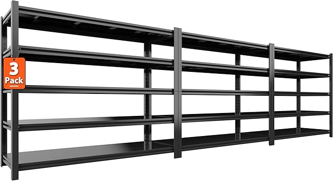 60" W Garage Shelving Heavy Duty Metal Shelving 3000LBS Storage Shelves Adjustable 5 Tier Metal Shelves for Storage Industrial Shelves for Garage, Warehouse, 24.2" D x 60'' W x 72'' H, 3 Pcs