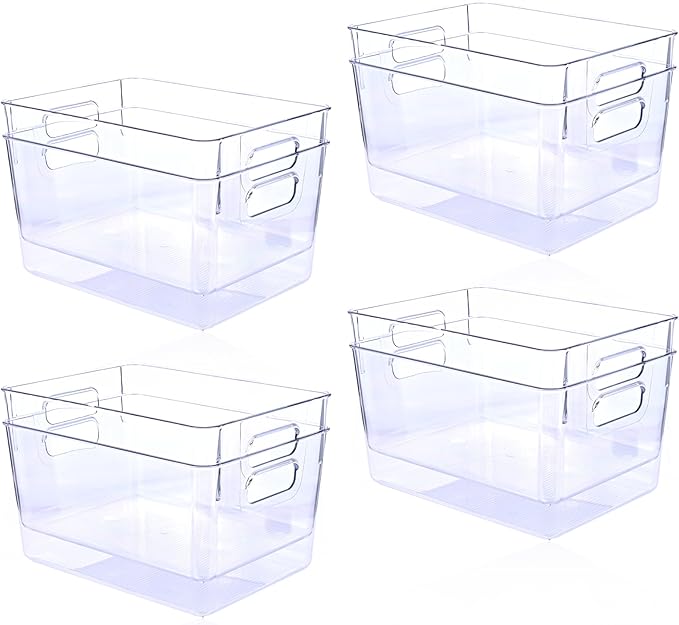 MOONEDGE Open Clear Plastic Storage Bins Stackable Organizer Containers with Handles for Kitchen, Pantry, Fridge, Cabinet, Closet Storage & Home Organization 8 Pack（11 x 8 x 6 in）