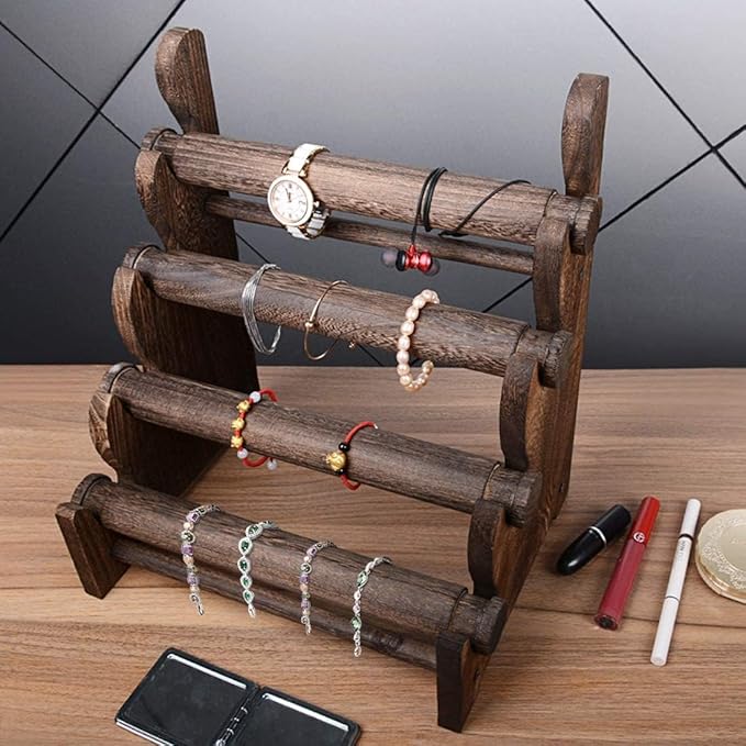 TOPNEW 4 Tier Wooden Bracelet Holder, Scrunchie Bangle Watch Necklace Display Storage Jewelry Holder Stand Display Organizer, Brown